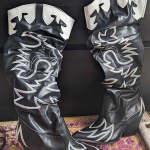 Knee high vegan leather cowboy boots, stitched